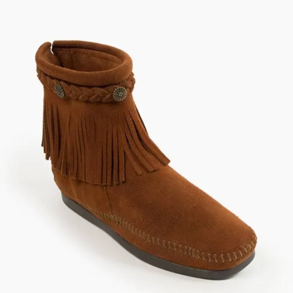 Minnetonka Women's Brown Moccasins Ankle Boot High Top Fringe Suede Size 5 Boho